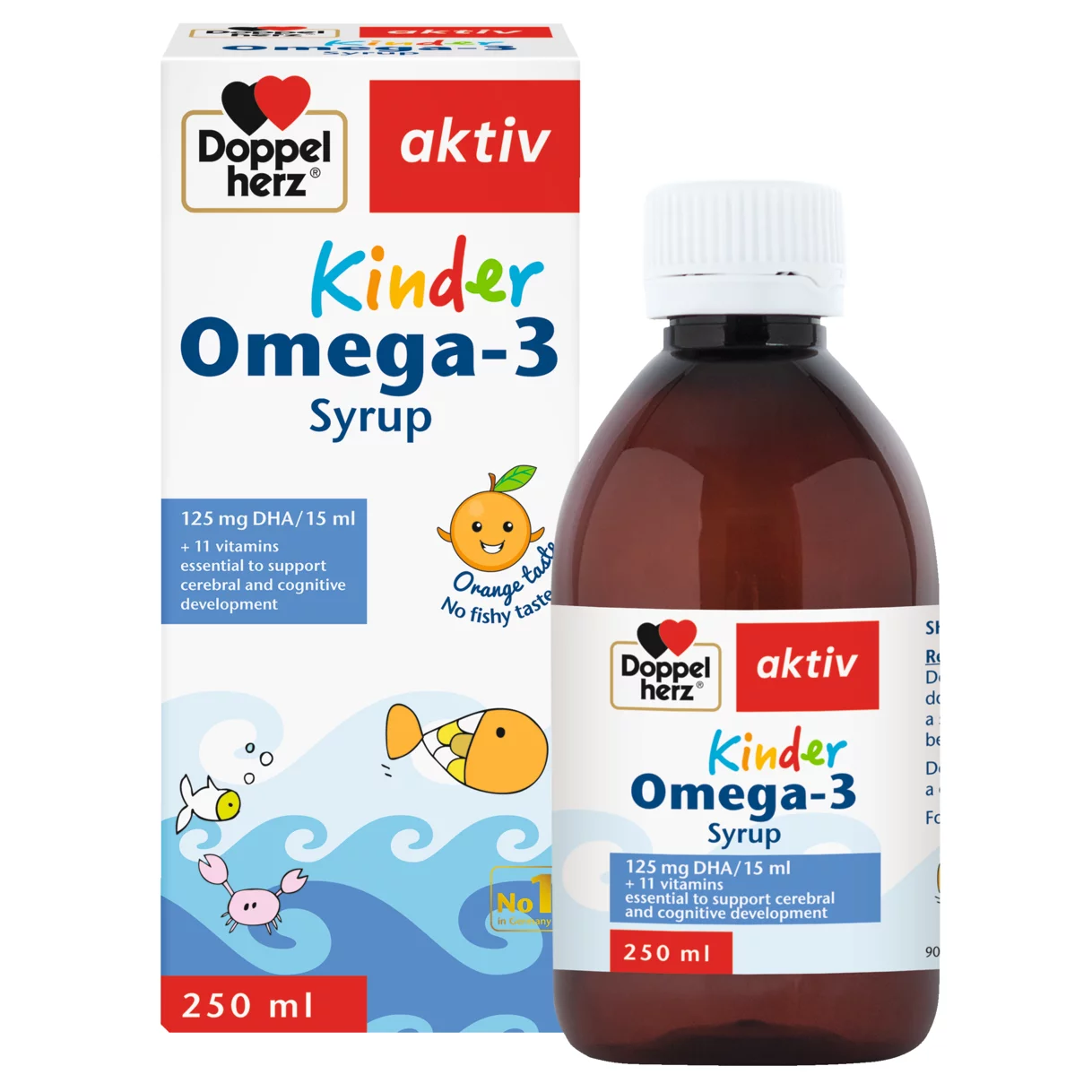 Illustration of the product packaging Doppelherz aktiv Kinder Omega-3 Syrup front view